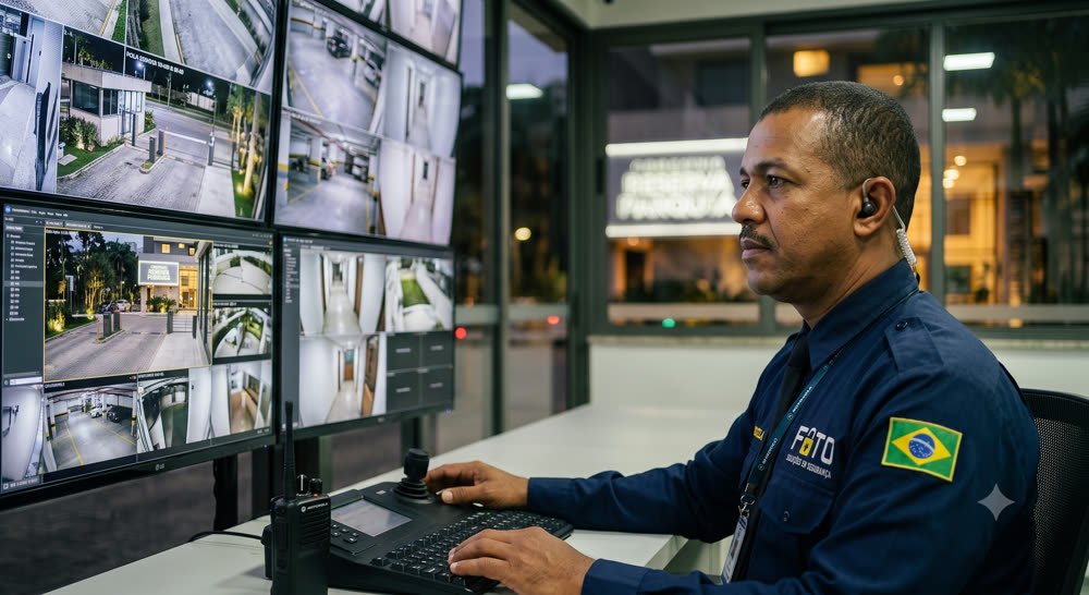 Vigilante da Fato, de uniforme e ponto de escuta, sentado na central de monitoramento de um condomínio: à esquerda, duas fileiras de monitores com as câmeras da portaria, do perímetro, da garagem e dos corredores; sobre a mesa, o rádio, o teclado e o joystick que comanda as câmeras móveis.